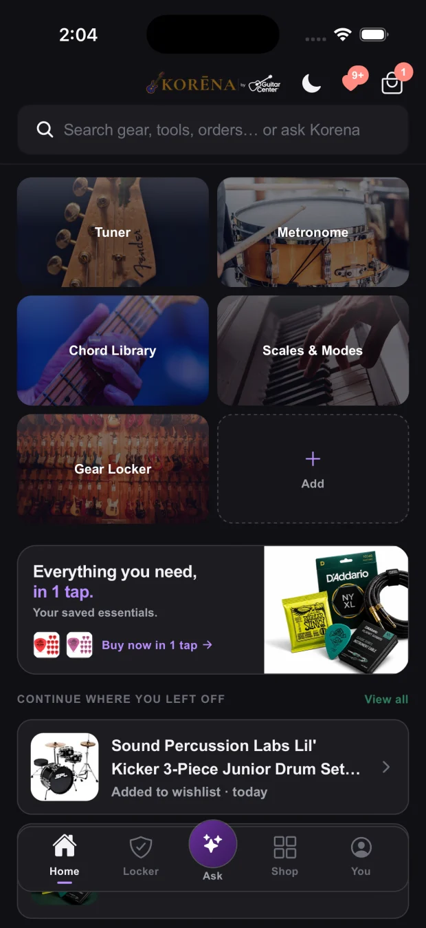 The Korena home screen with saved essentials and the tool rows