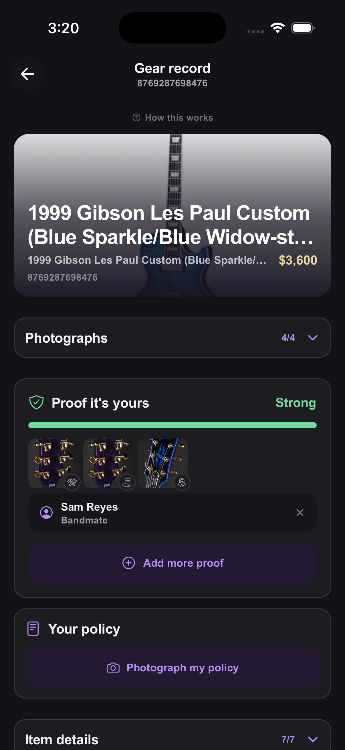 A Gear Locker record for a 1999 Gibson Les Paul Custom: serial number, $3,600 estimated value, a Proof it's yours strength meter reading Strong, supporting documents and a linked insurance policy.