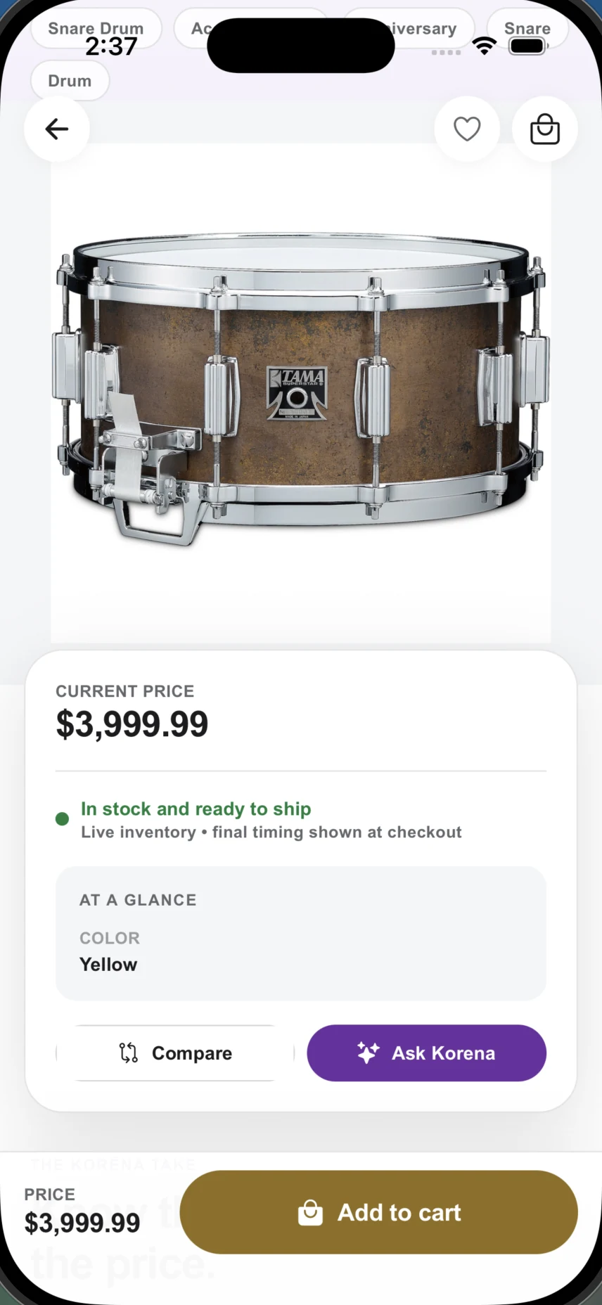A product page with price, stock and an Ask Korena button